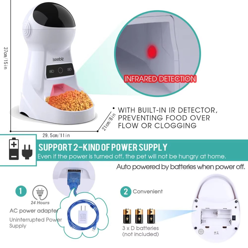 Iseebiz 3L Automatic Pet Feeder with Voice Record Pets Food Bowl for Medium Small Dog Cat LCD Screen Dispensers 4 Times One Day