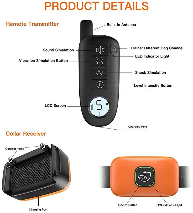 1000FT Pet Dog Training Collar IP67 Waterproof Rechargeable Electric Remote Shock Vibration Sound Bark Stop Collar Drop Shipping